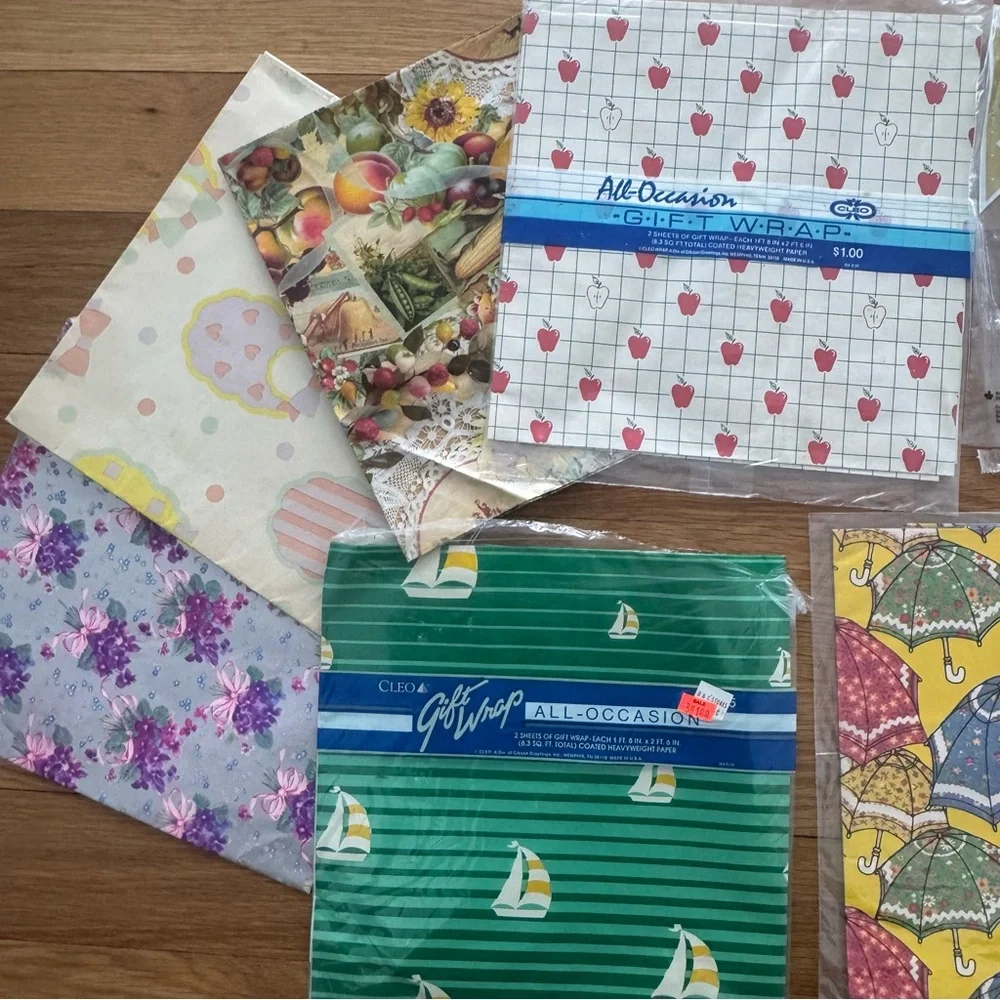 Vintage Gift Wrap Lot Assorted Designs Angels Swans Folk Art Sailboats Ephemera